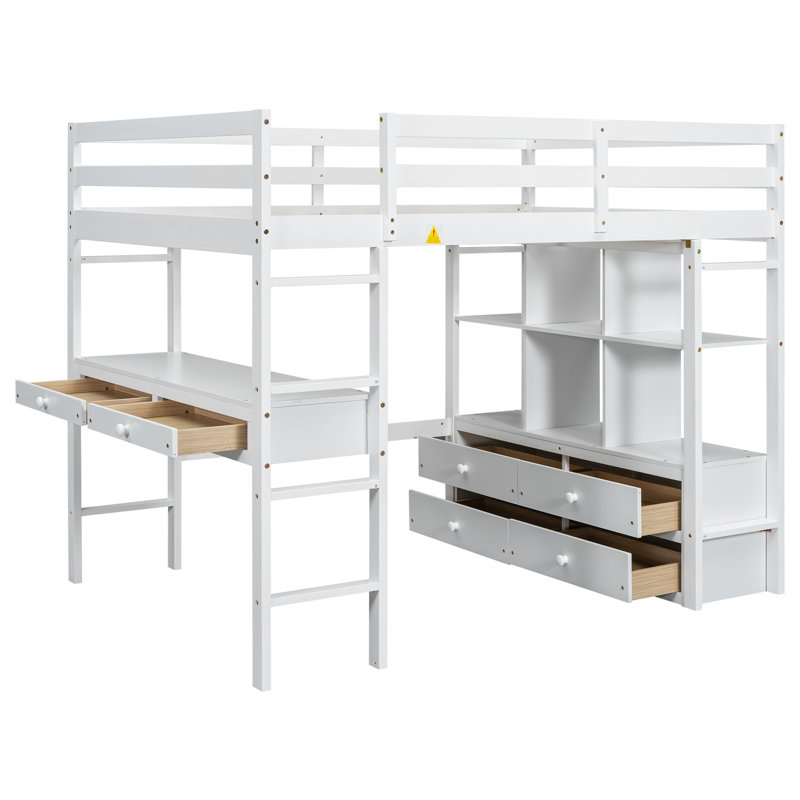 Lit mezzanine double avec bureau intégré et 2 tiroirs, tablettes de rangement