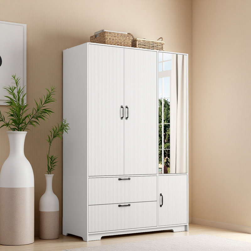 Armoire 4 portes avec miroir, armoire à DEL avec portes et 2 tiroirs, armoire de rangement en bois avec tringle