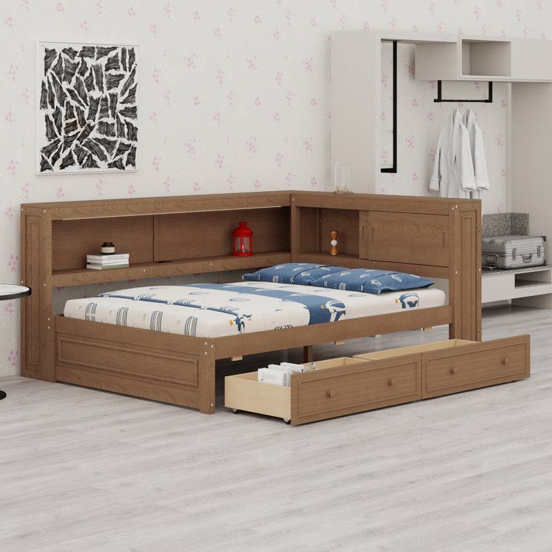Multifunctional Daybed with Shelves, and Two Drawers, Antique Wood Color