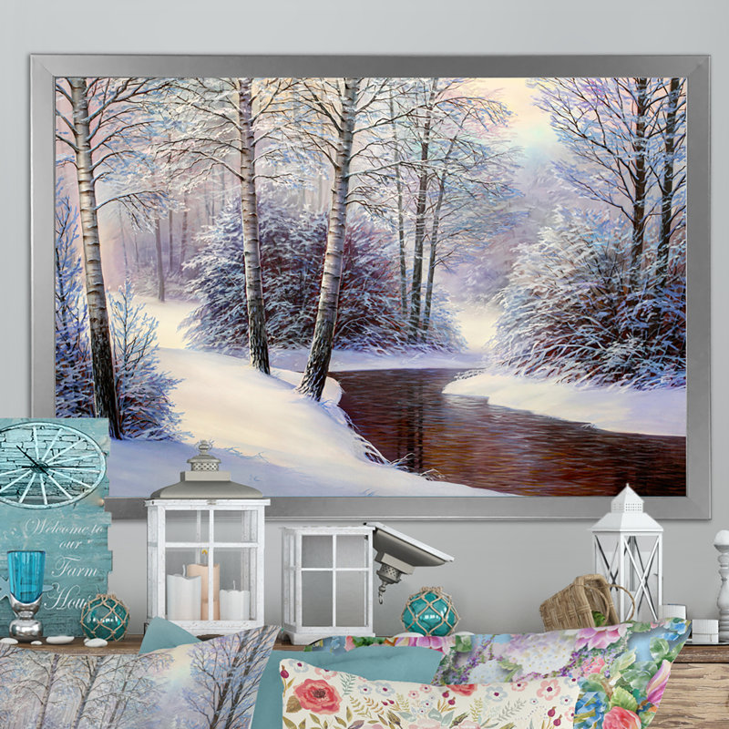 Forêt de Noël avec rivière II - art mural traditionnel sur toile, H 16 po x l 32 po x P 1 po