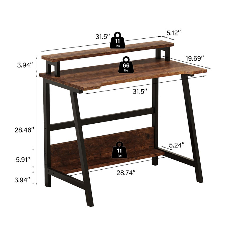 31.5" Computer Desk for Small Spaces, Modern Home Office Desk with Storage Shelf and Monitor Stand, Brown