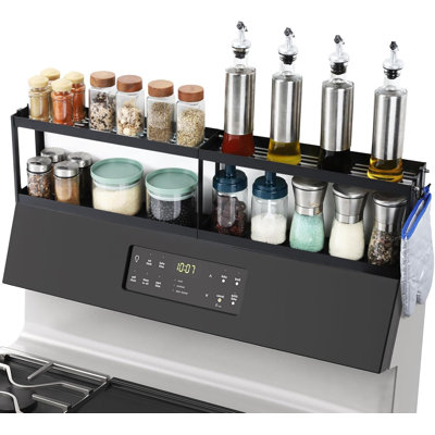 2 Tier Strong Magnetic Oven Shelf 30 Inch Length Spice Rack Over The Stove Shelf With 2 Anti-Slip Mats Seasoning & 4 Hooks Kitchen Spice Storage Organizer Black