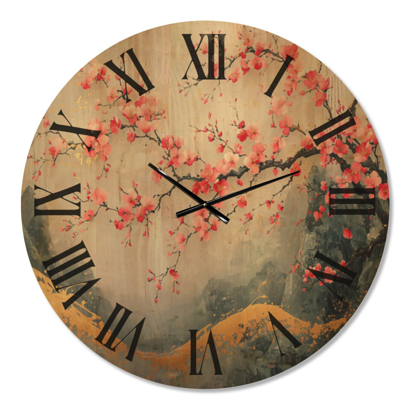 Grande horloge murale en bois à imprimé botanique - paysage de cerisier rose du Japon II, Oversized