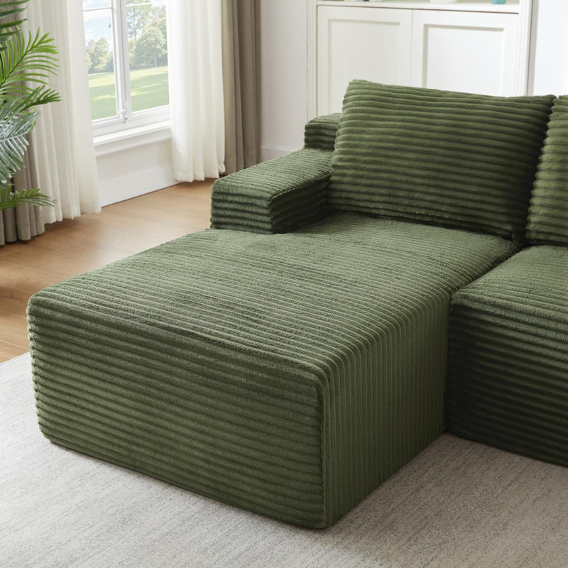 Canapé-lit modulaire en L en forme de L avec siège profond, sans assemblage, tissu en velours côtelé, Vert