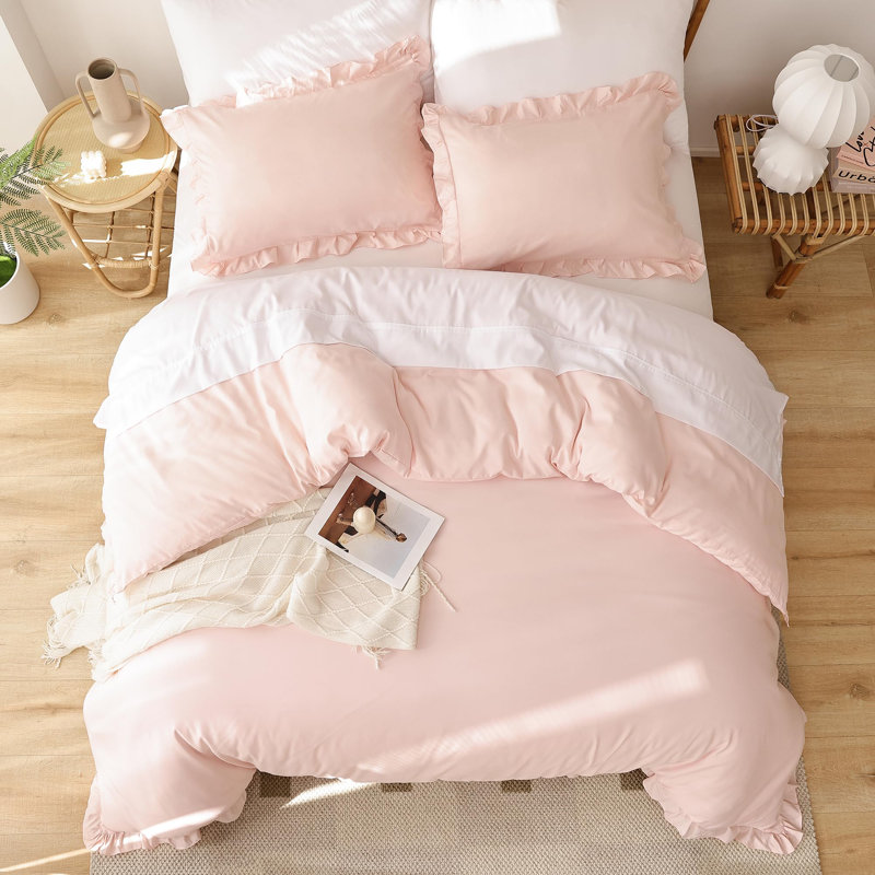 Ensemble d'édredon 3 pièces Ruffle, Rosé, Édredon grand + 2 taies d'oreiller standard