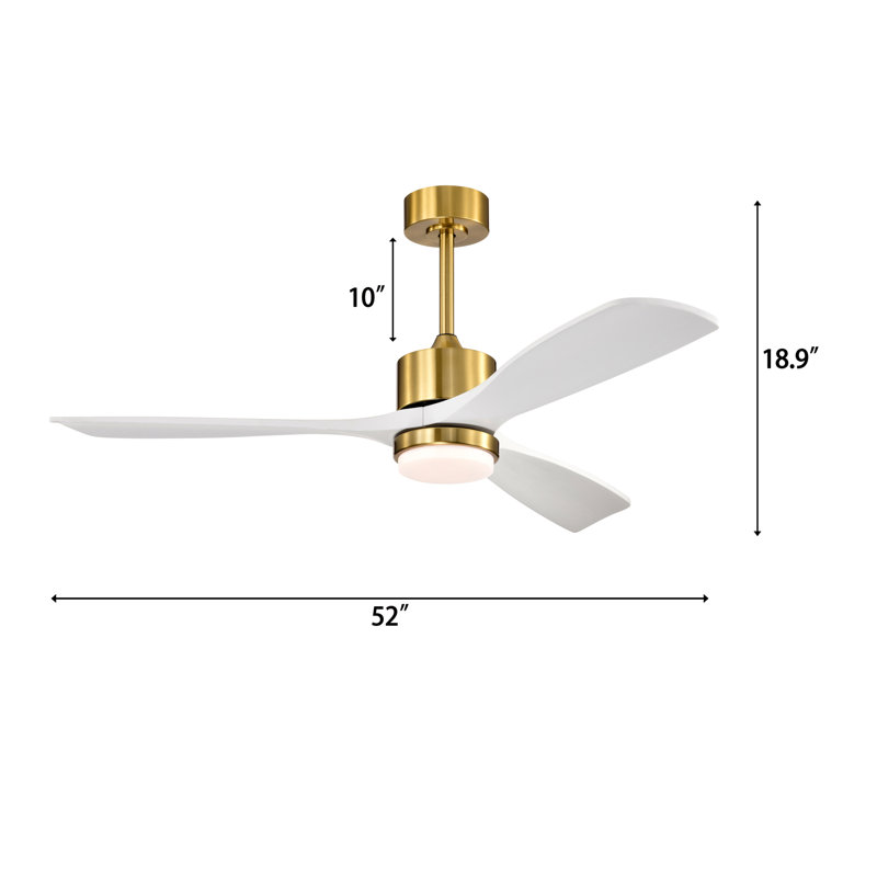 Ventilateur de plafond en bois massif et métal avec éclairage à DEL Tariq, Laiton avec pales blanches