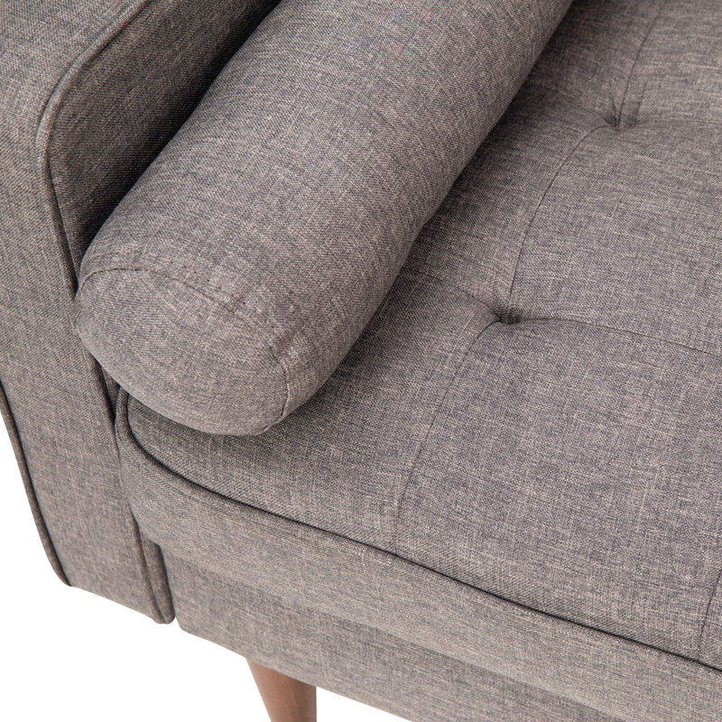 Canapé Mid-Century moderne avec revêtement capitonné et pieds en bois massif, Faux lin gris ardoise