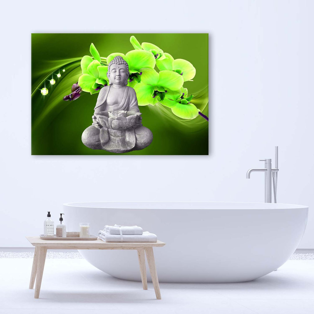 Leinwandbild Sitting Buddha Green Flower