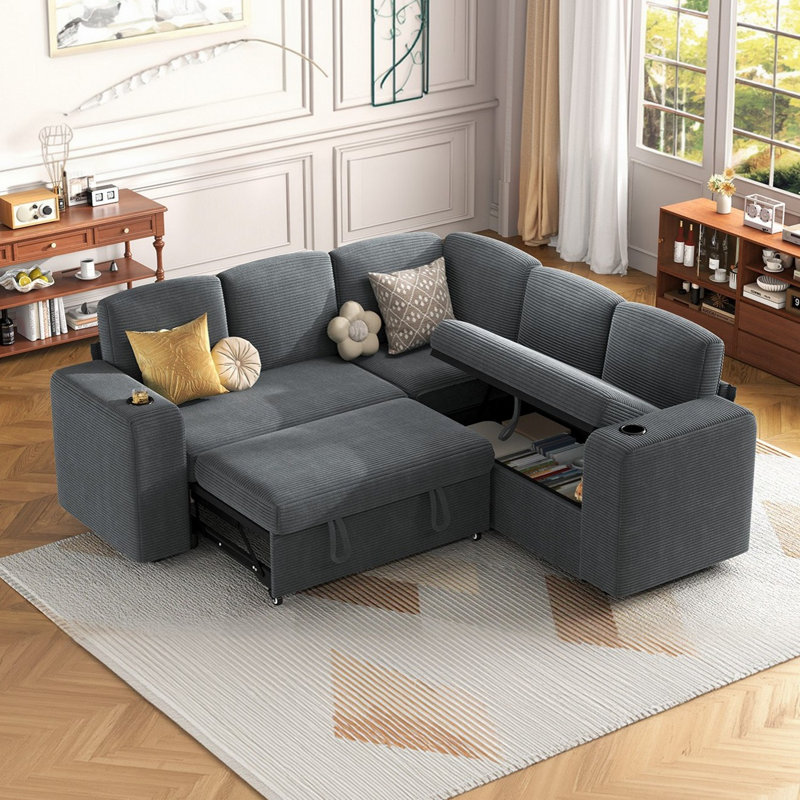 L-Shaped Corduroy Sleeper Sectional With Storage Chaise & USB Charging Station, Gray Corduroy