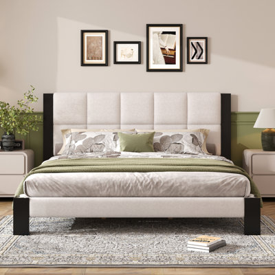 Structure de lit tapissier beige et noir très grand, tête de lit carrée, pieds en bois du milieu, sommier tapissier, matelas de 8 po et 12 po, lit paisible tapissier, contreplaqué, lattes silencieuses, sans sommier,