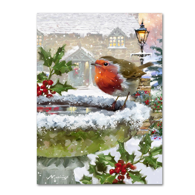 Robin On Birdbath Winter Scene Gallery-Wrapped Canvas Art