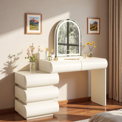 Luxury 2-in-1 Vanity Table With Leather Finish, 3-color Led Lighted Mirror, Adjustable Length And 5 Storage Drawers