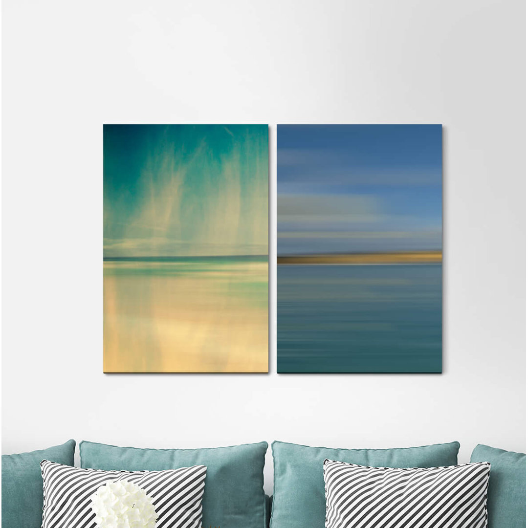 2-tlg. Leinwandbilder-Set - Grafikdruck „Horizon Blue Sea Fog Minimal Sunset”