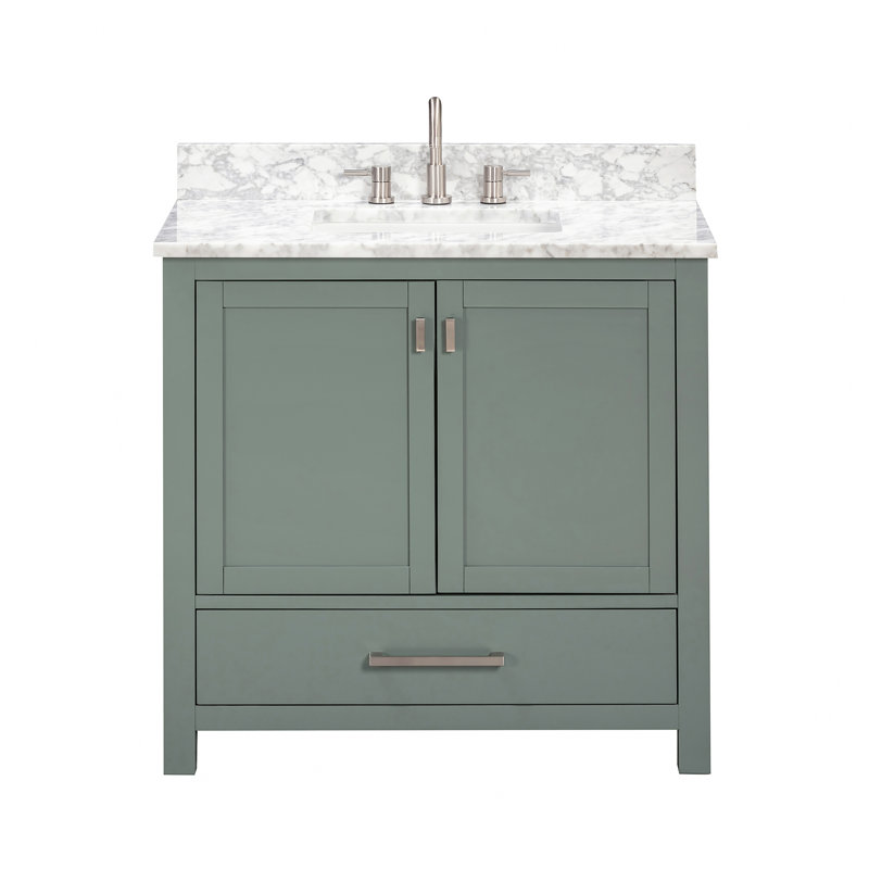 Modero 36" Single Bathroom Vanity with Top, Carrera White Marble, Brushed Nickel, Smoke Green