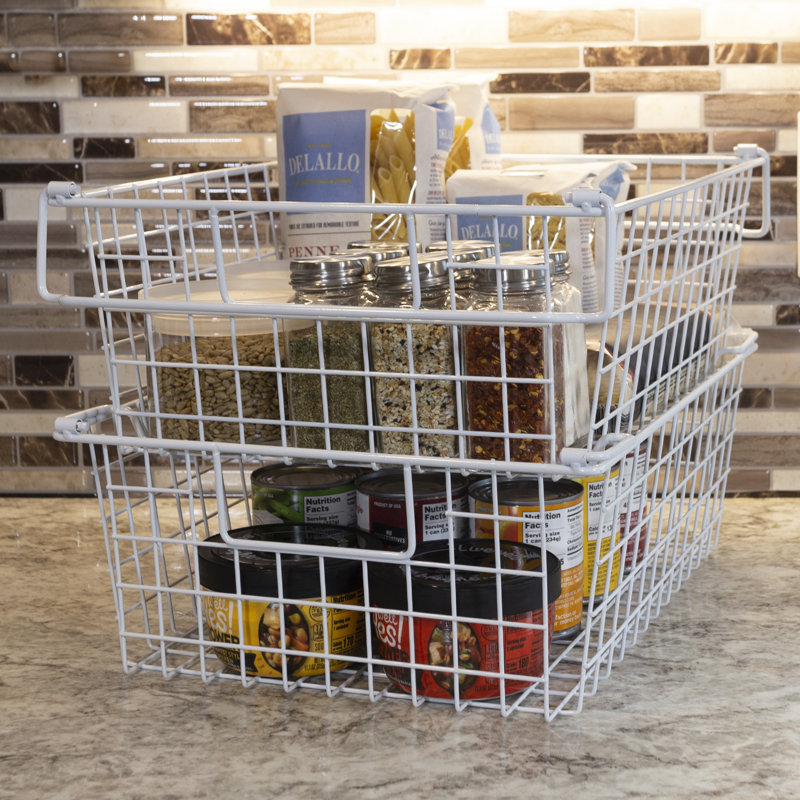 Stackable Metal Storage Baskets, White, 5.5" H x 12" W x 16" D
