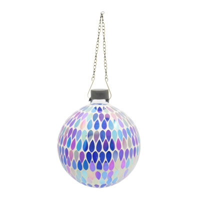  Mosaic Glass Gazing Globe with Hanging Chain, Iridescent Teardrop Tile, 10in