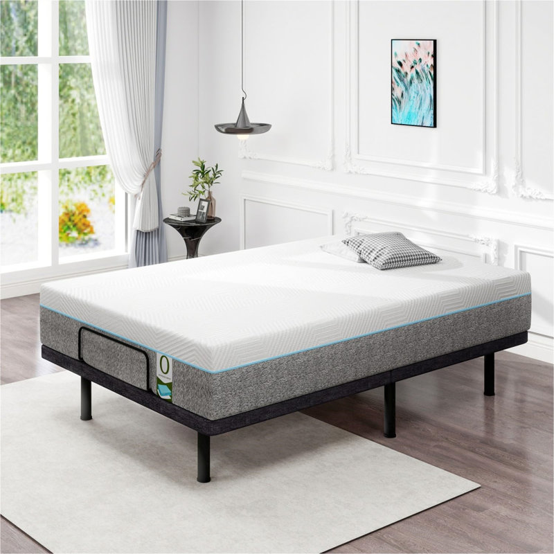 Adjustable Bed Frame With 12 Inch White Gel Memory Foam Mattress, Queen