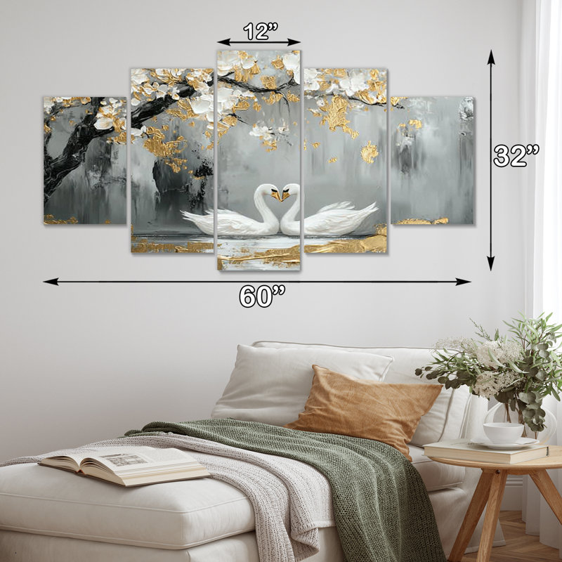 «Grey and Gold Swans Love Under Cherry Blossom III», ensemble de reproductions d'art mural cerisier en fleurs