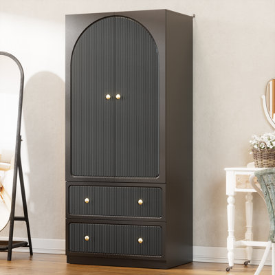 Armoire Wardrobe With 2 Drawers & Hanging Rod, Freestanding Wooden Wardrobe Cabinet