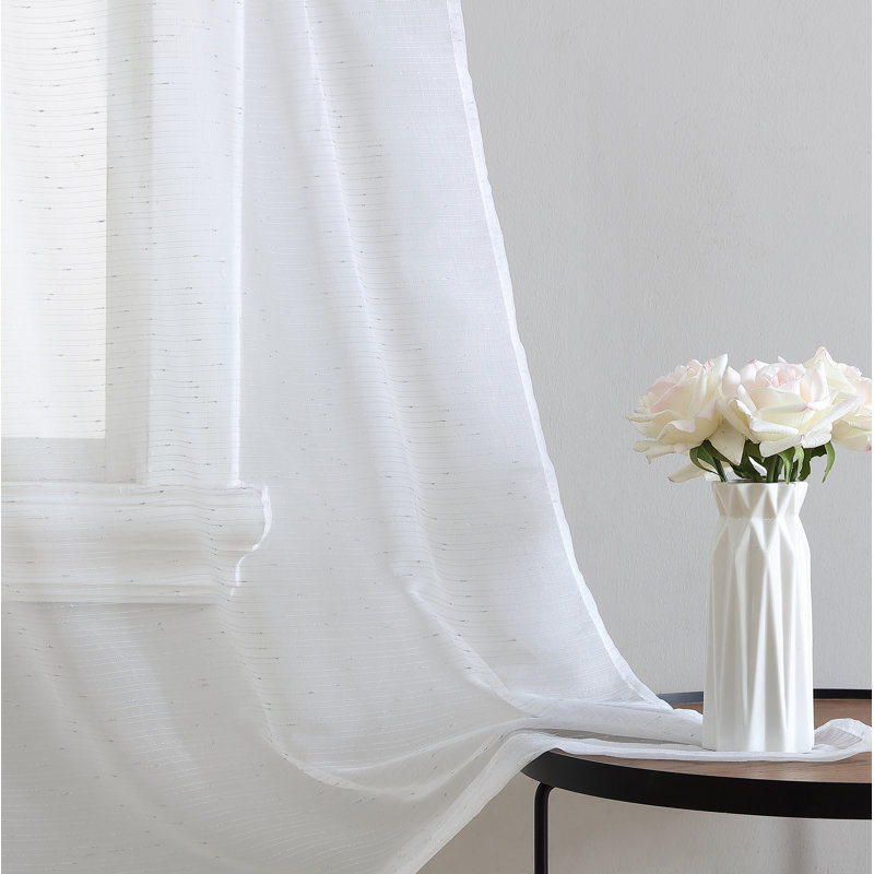 White Sheer Lace Detail Rod Pocket Curtain Panels, Set of 2