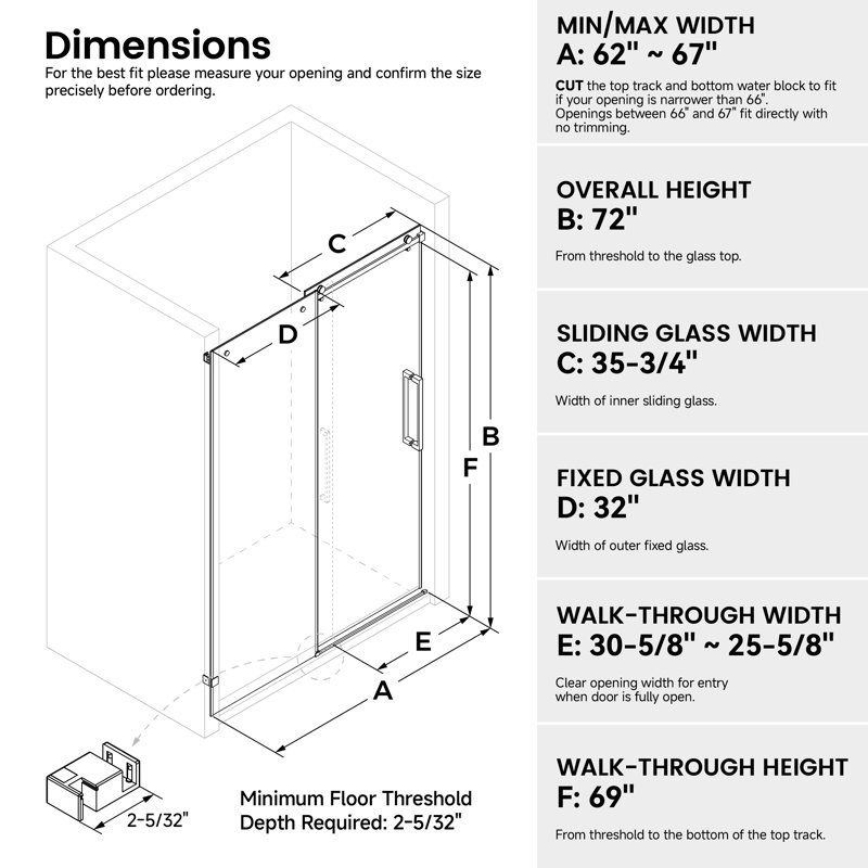 62-67" W X 72" H Frameless Single Sliding Shower Door with 3/8" (10mm) Clear Tempered Glass, Shatter-Resistant Film & Installation Hole Locator - Square Top Rail
