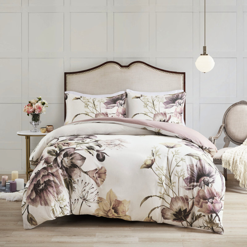 Housse de couette en coton imprimé, double / grand, motif floral rosé doux, 1 et 2 taies décoratives, fermeture à boutons, attaches de coin, en taille double / grand, floral, attaches à conserver