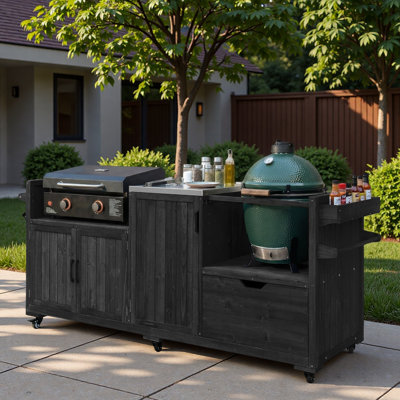 Outdoor Kitchen Island with Stainless Steel Top, Adjustable Side Table, Drawer, Internal Storage Racks, Spice Rack, Paper Towel Rack and 5 S-hook Hangers