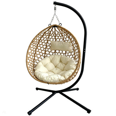 Foldable Hanging Egg Chair with Stand, HDPE Rattan Wicker Swing Chair with Cushion, Heavy Duty Frame 350 Lbs Capacity, Outdoor Patio Indoor Bedroom Balcony
