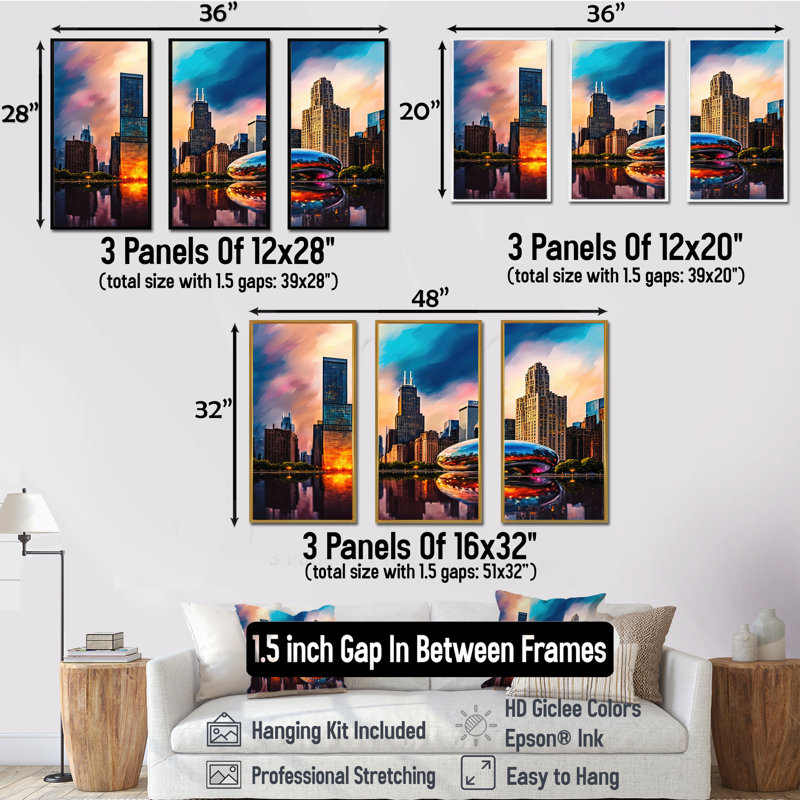 Chicago City Architecture II - 3 pièces sur toile, H 32 po x l 48 po x P 1 po, Cadre flottant doré