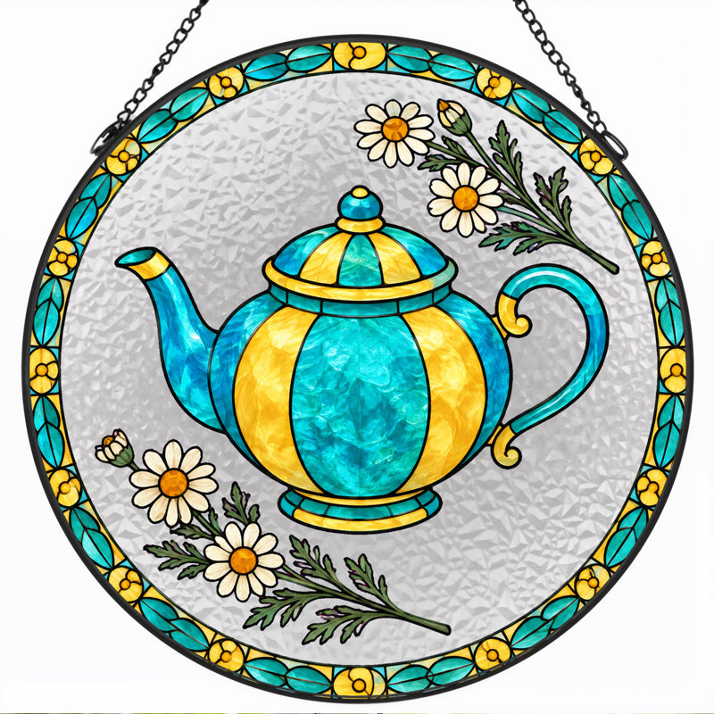Théière bleue et jaune avec des marguerites, H 7,8 po