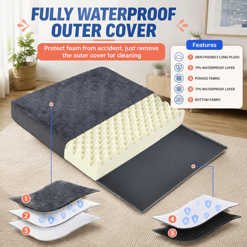 Lit orthopédique imperméable gris 41x27 pour grands chiens jusqu'à 90 lb, avec mousse alvéolée, surface de tapis plate et douce en peluche, housse amovible et lavable, et fond antidérapant.
