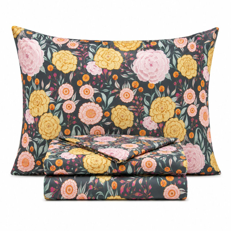 Microfiber Floral Fitted Sheet, Full Fitted Sheet with 2 Pillowcases, Grey/Coral Aqua/Teal Yellow 