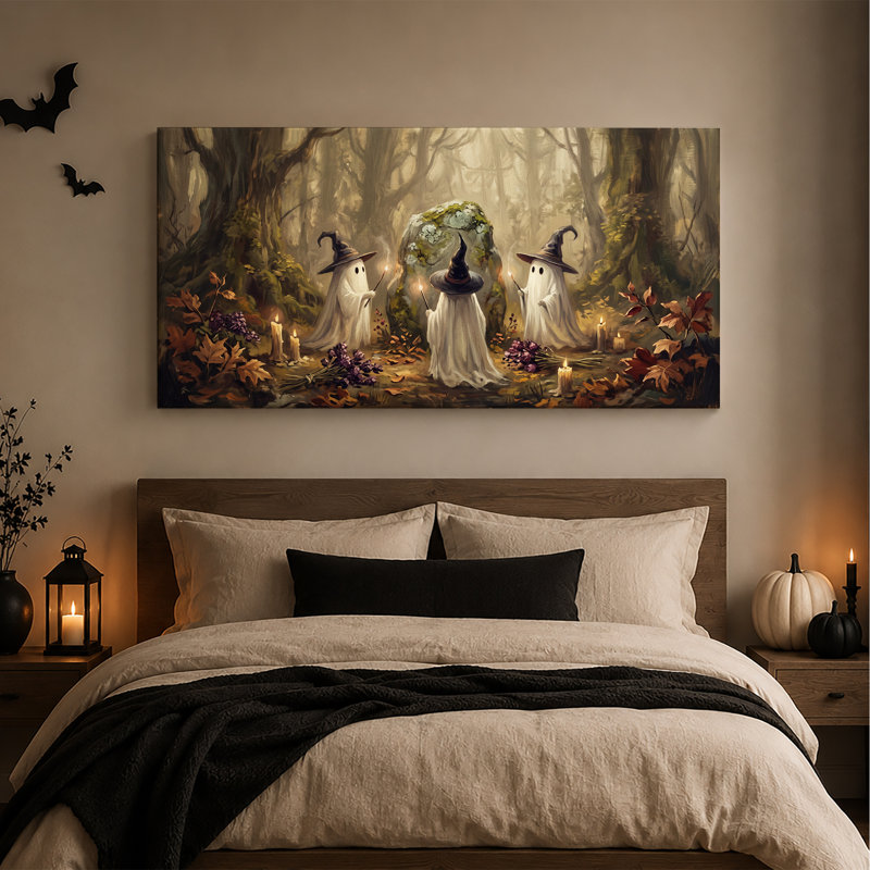 «Three Ghost Witches in Misty Forest», art mural sur toile, 46"W x 24"H