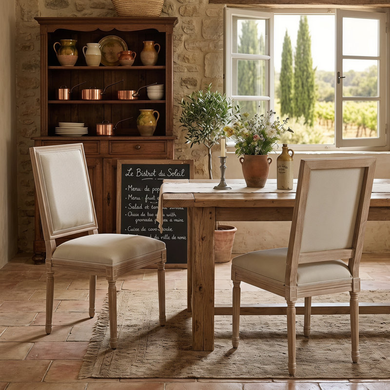 Chaises de salle à manger French Country - Chaises d'appoint rembourrées rectangulaires avec pieds en bois massif, Beige, 2