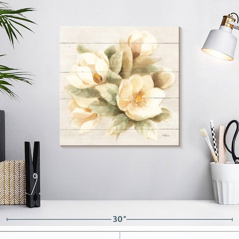 Magnolia Harnek ivoire sur bois, H 16 po x l 16 po