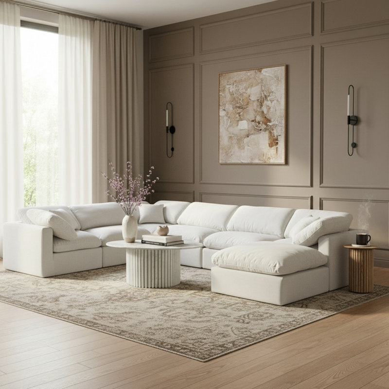 Canapé modulaire rembourré 7 pièces Hinami, Lin blanc texturé