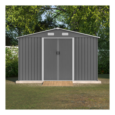10X8 FT Outdoor Storage Shed,  Metal Foundation & Lockable Doors, Tool Shed For Garden, Patio, Backyard, Lawn, Grey