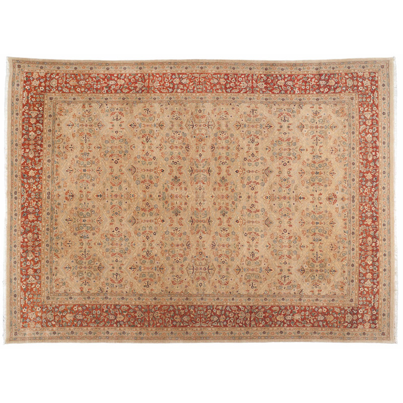 Tapis unique en laine noué à la main beige / rouge / brun clair de 9 pi x 12 pi Tabriz
