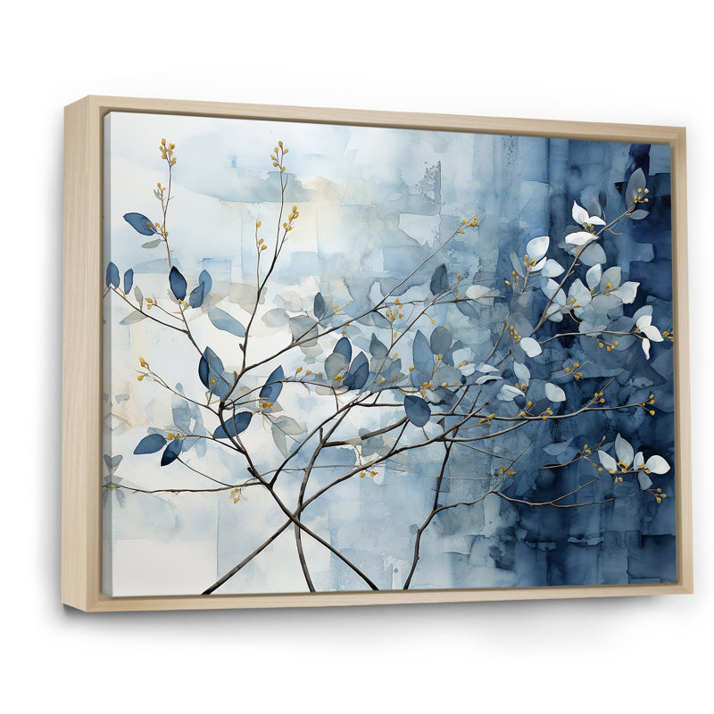 Art mural bleu et gris sur une branche I - Feuilles, H 12 po x l 20 po x P 1 po, Cadre naturel flottant