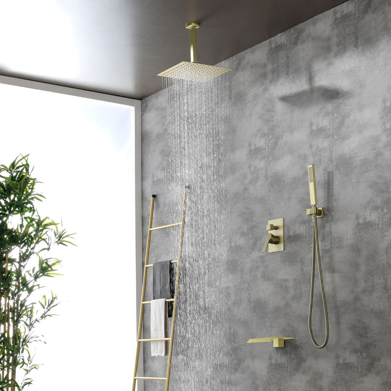Ceiling Mount Shower Faucet Set With Tub Spout Square Showerhead Bathroom Rainfall Shower System Stainless Steel Shower Trim Kit 12 Inches