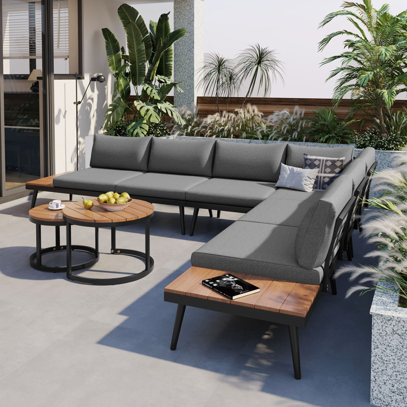 Ensemble de canapés modulaires d'extérieur 6 pièces TTREXM, fer, tables basses gigognes rondes, sièges rembourrés, parfaits pour la terrasse, le porche et le jardin