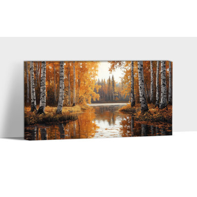 Fall Landscape Wall Art - Autumn Birch Trees Canvas Wall Art for Living Room, River View Fall Pictures Wall Decor for Bedroom, Vintage Style Wrapped Canvas Print, 12×24 inches