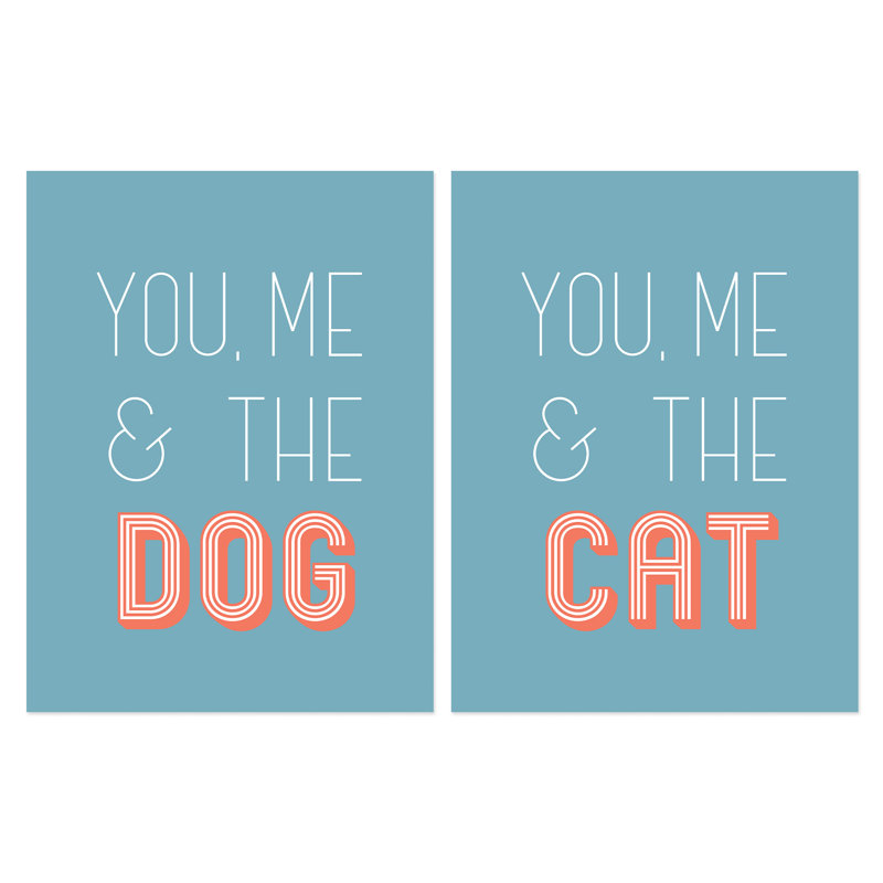 You Me And The Cat Dog Retro Teal Blue Coral Red - 2 Piece No Frame Print Set, 40.5cm H x 30.5cm W x 0.3cm D