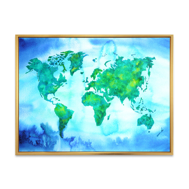 «World Map Blue Green Tone III», reproduction sur toile flottante, H 24 po x l 36 po x P 1 po, Cadre flottant doré