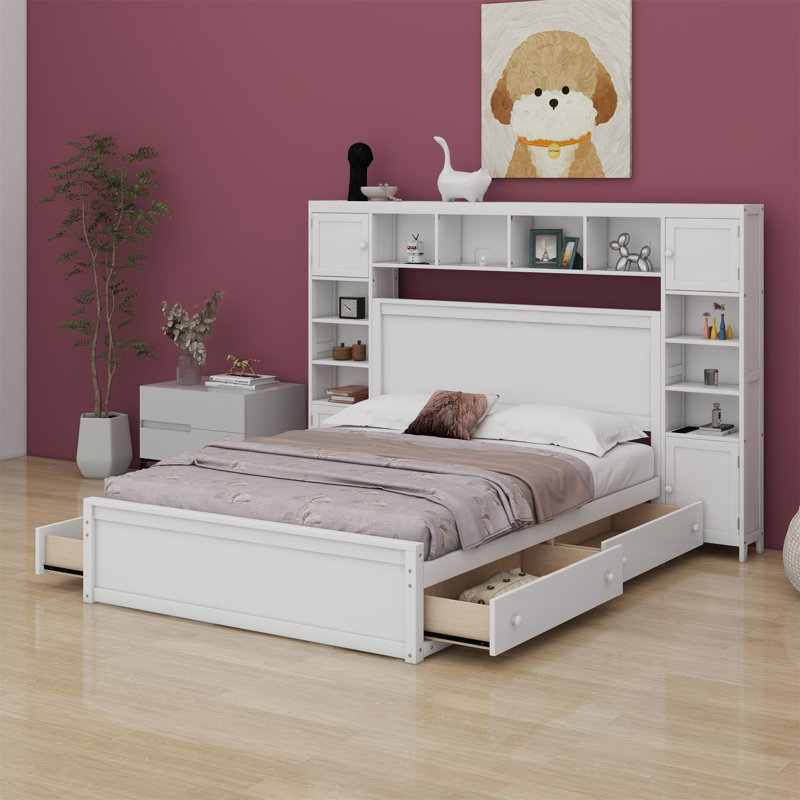 Lit en bois avec armoire, tablette et prises tout-en-un, Blanc
