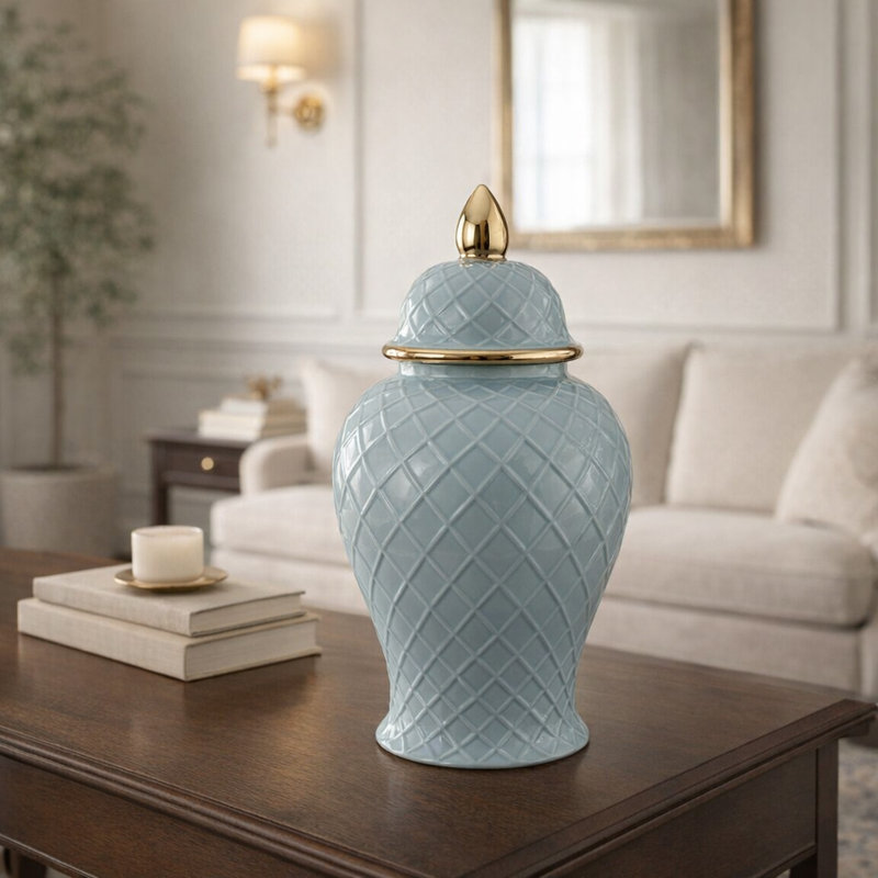 Pot décoratif en céramique avec couvercle Ellport, Bleu / doré, H 14 po x l 7 po x P 7 po