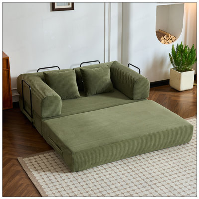 Convertible Sleeper Sofa Bed with Cylindrical Pillow, Corduroy Folding Mattress Couch for Living Room and Bedroom