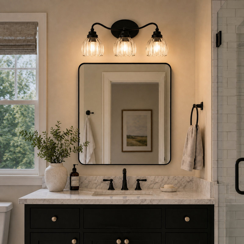 Éclairage pour meuble-lavabo noir mat à 3 lumières Shirley, 21,25 po de largeur, verre tulipe transparent cannelé, acier, à intensité variable, compatible DEL, fixation réversible