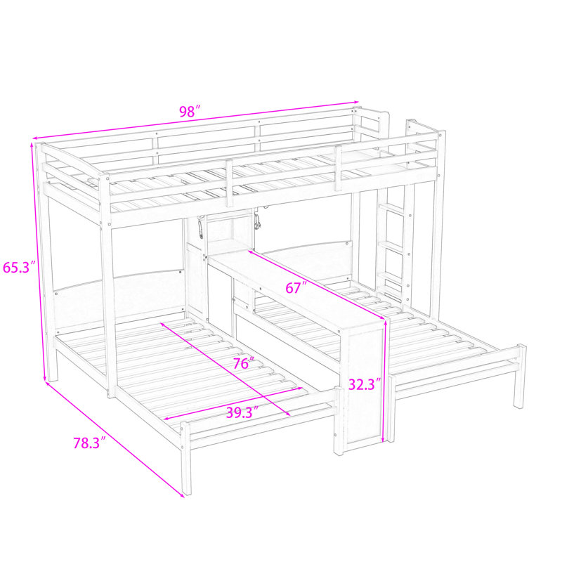 Lit superposé simple au-dessus de simple et simple avec bureau intégré, tablettes et lampe de lecture à DEL, Naturel