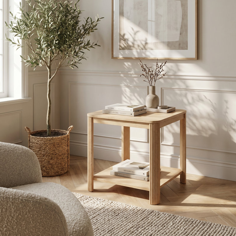 Table de bout d'angle arrondie à 2 niveaux avec pieds en grain ondulés verticaux distinctifs, table d'appoint multifonctionnelle de style boho et table de chevet compacte pour petits espaces, convenant au salon, à la chambre à coucher et au bureau à domicile